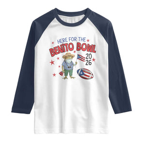 Here for the Benito Bowl 2026 Coquí Frog Raglan Shirt Puerto Rican Funny Football Music Fans TS02 White Navy Print Your Wear