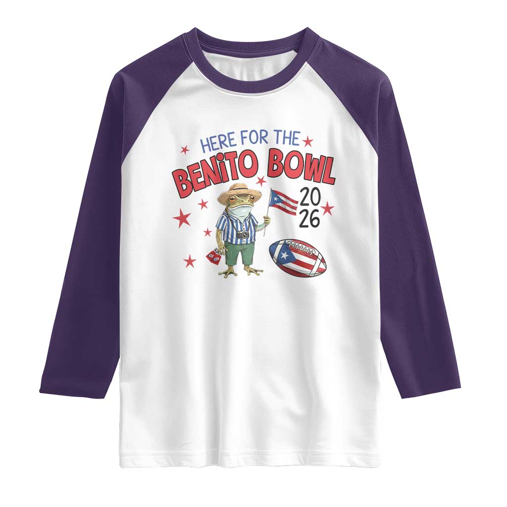 Here for the Benito Bowl 2026 Coquí Frog Raglan Shirt Puerto Rican Funny Football Music Fans TS02 White Purple Print Your Wear