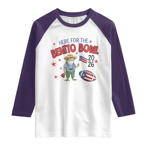 Here for the Benito Bowl 2026 Coquí Frog Raglan Shirt Puerto Rican Funny Football Music Fans TS02 White Purple Print Your Wear
