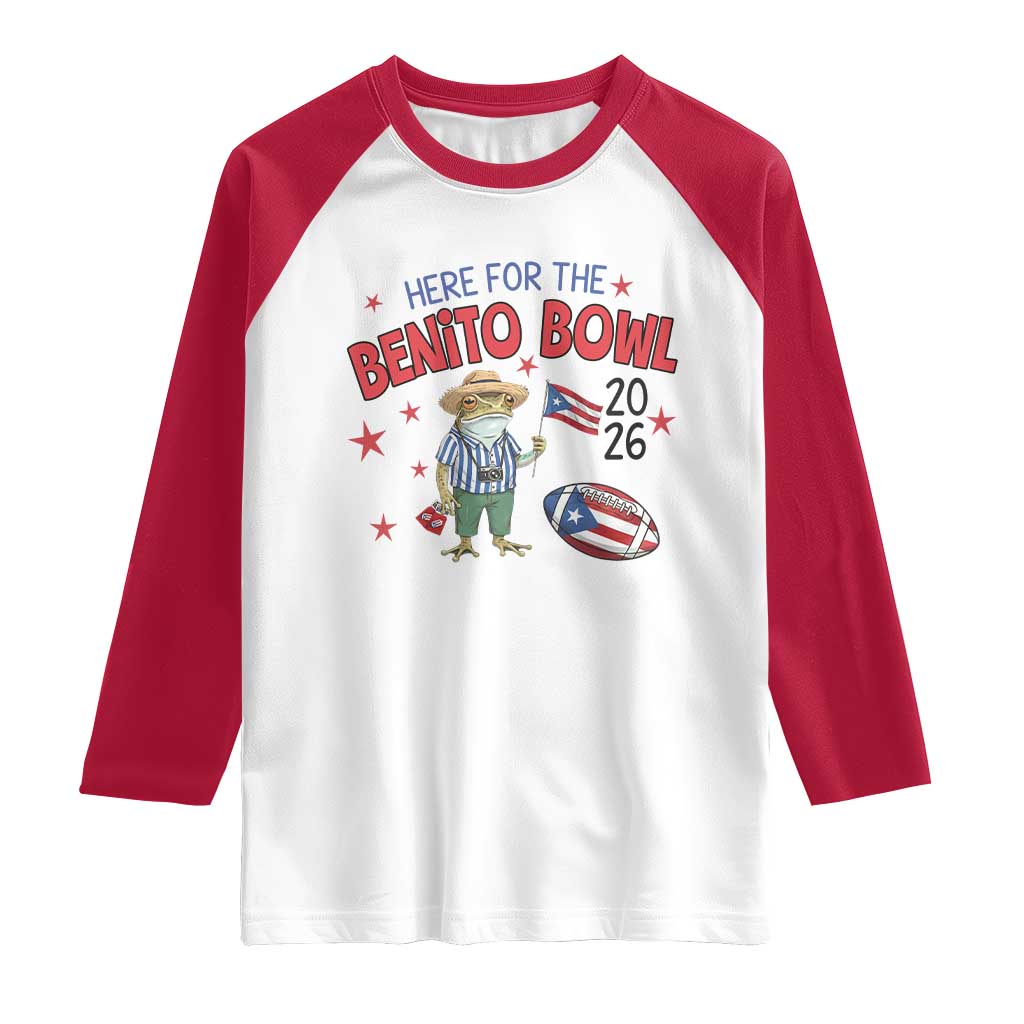 Here for the Benito Bowl 2026 Coquí Frog Raglan Shirt Puerto Rican Funny Football Music Fans TS02 White Red Print Your Wear