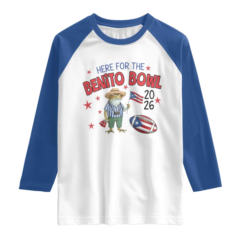 Here for the Benito Bowl 2026 Coquí Frog Raglan Shirt Puerto Rican Funny Football Music Fans TS02 White Royal Print Your Wear