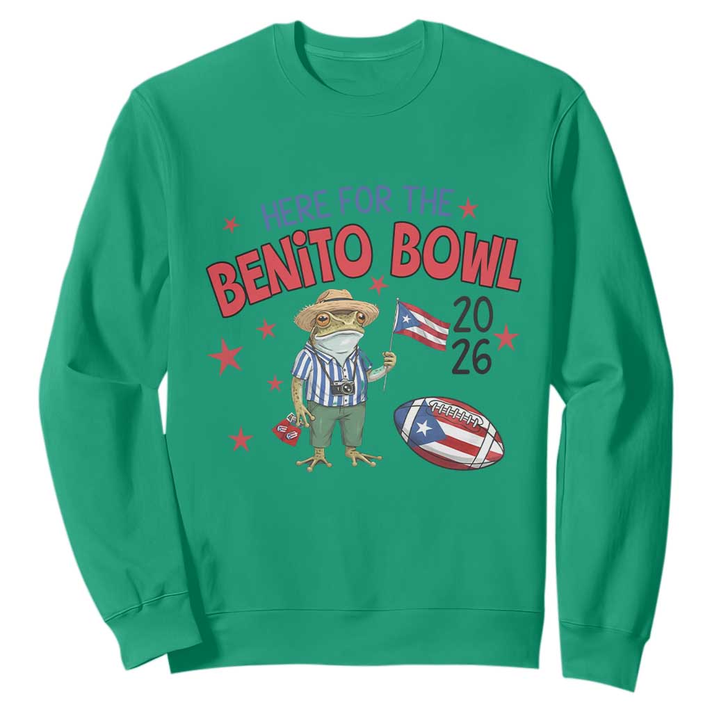 Here for the Benito Bowl 2026 Coquí Frog Sweatshirt Puerto Rican Funny Football Music Fans TS02 Irish Green Print Your Wear