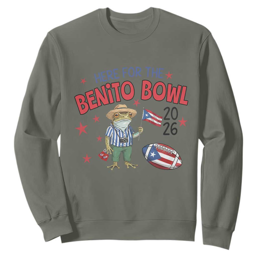 Here for the Benito Bowl 2026 Coquí Frog Sweatshirt Puerto Rican Funny Football Music Fans TS02 Military Green Print Your Wear