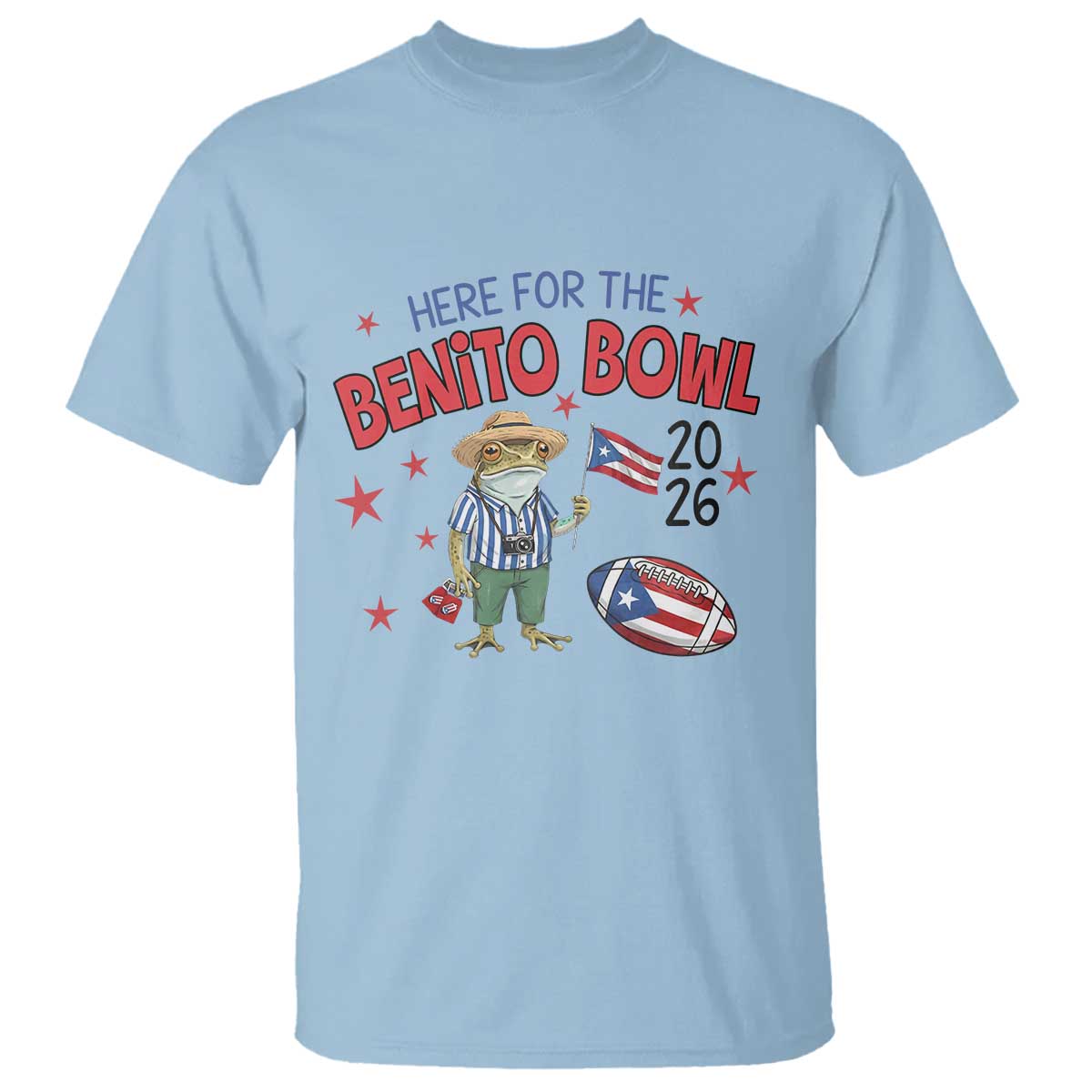 Here for the Benito Bowl 2026 Coquí Frog T Shirt Puerto Rican Funny Football Music Fans TS02 Light Blue Print Your Wear