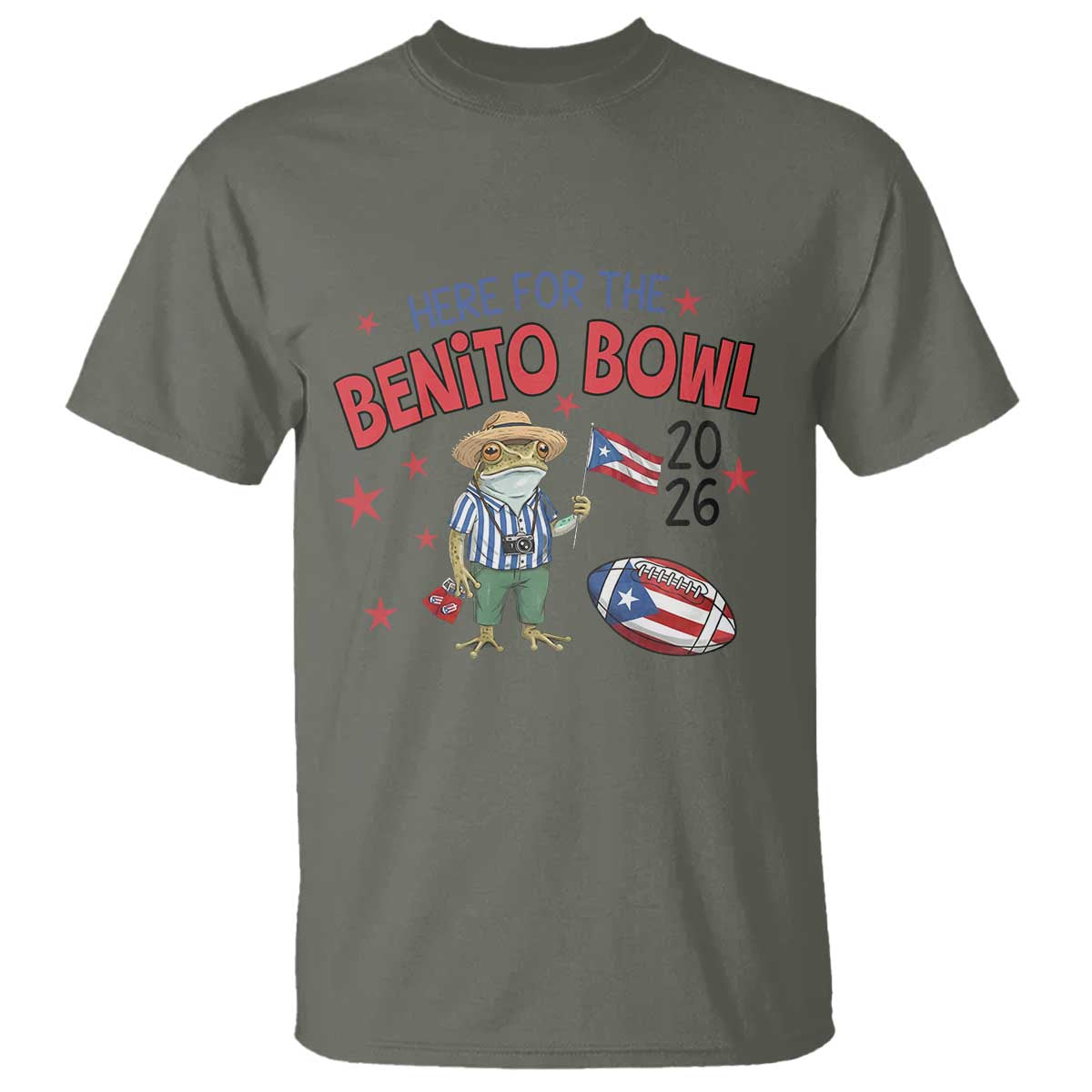 Here for the Benito Bowl 2026 Coquí Frog T Shirt Puerto Rican Funny Football Music Fans TS02 Military Green Print Your Wear