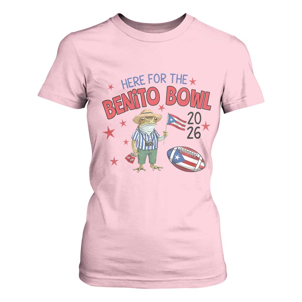 Here for the Benito Bowl 2026 Coquí Frog T Shirt For Women Puerto Rican Funny Football Music Fans TS02 Light Pink Print Your Wear