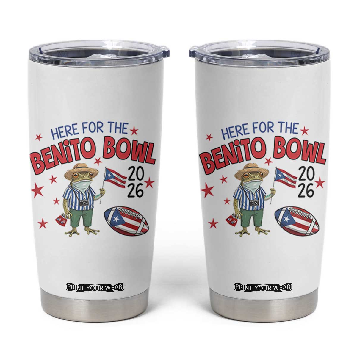 Here for the Benito Bowl 2026 Coquí Frog Tumbler Cup Puerto Rican Funny Football Music Fans TS02 White Print Your Wear