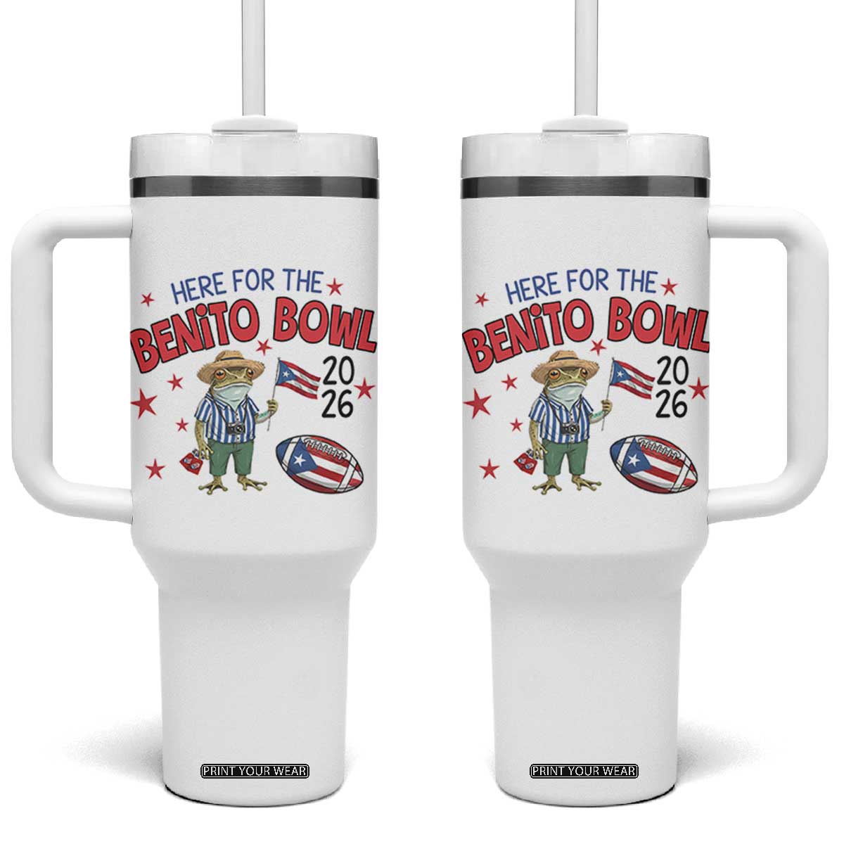 Here for the Benito Bowl 2026 Coquí Frog Tumbler With Handle Puerto Rican Funny Football Music Fans TS02 One Size: 40 oz White Print Your Wear