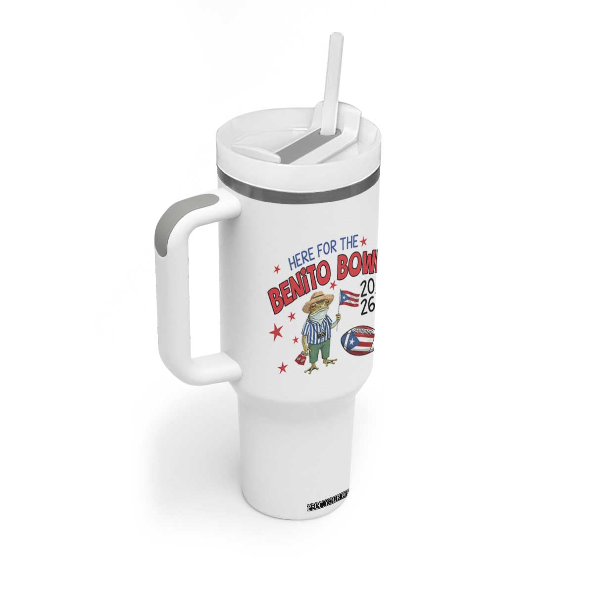 Here for the Benito Bowl 2026 Coquí Frog Tumbler With Handle Puerto Rican Funny Football Music Fans TS02 Print Your Wear