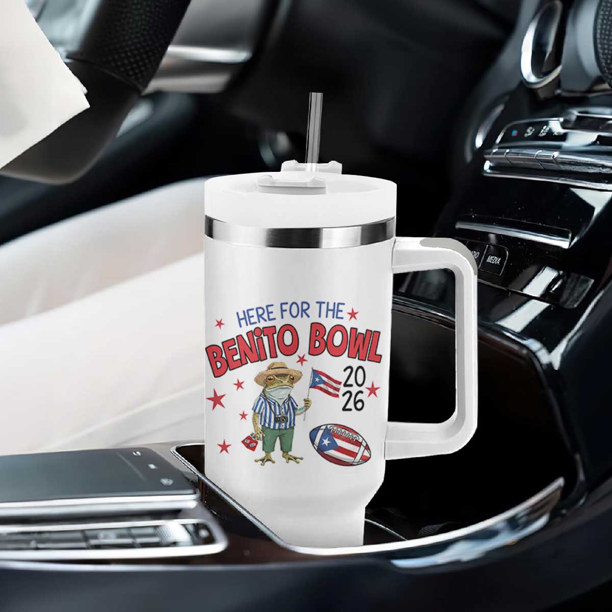 Here for the Benito Bowl 2026 Coquí Frog Tumbler With Handle Puerto Rican Funny Football Music Fans TS02 Print Your Wear