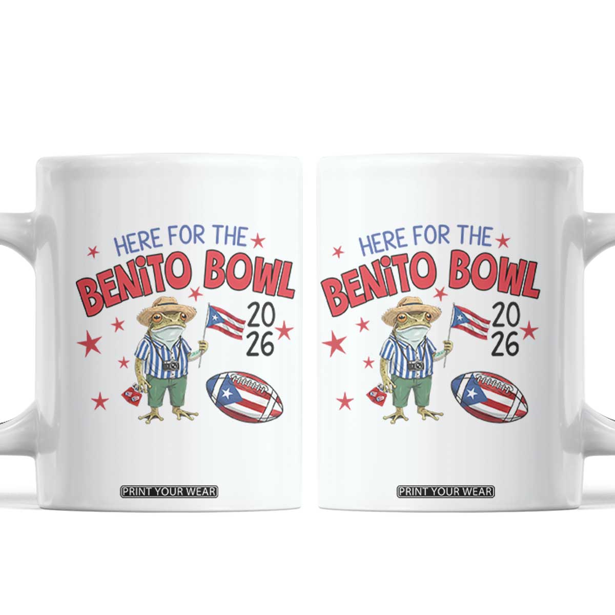 Here for the Benito Bowl 2026 Coquí Frog Coffee Mug Puerto Rican Funny Football Music Fans TS02 White Print Your Wear