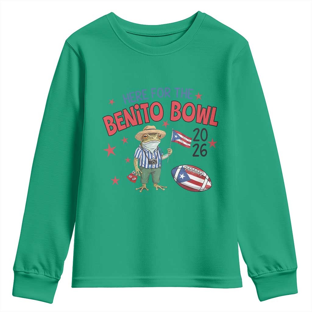 Here for the Benito Bowl 2026 Coquí Frog Youth Sweatshirt Puerto Rican Funny Football Music Fans TS02 Irish Green Print Your Wear