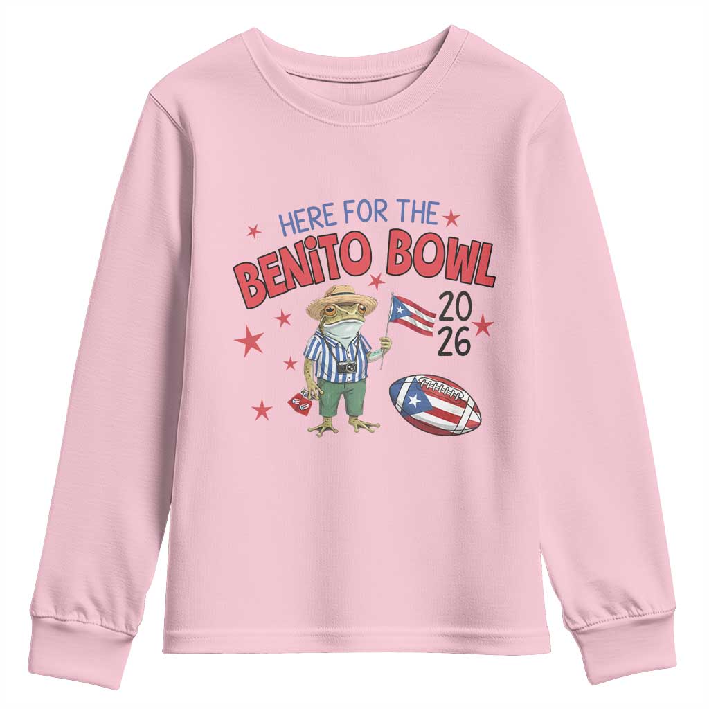 Here for the Benito Bowl 2026 Coquí Frog Youth Sweatshirt Puerto Rican Funny Football Music Fans TS02 Light Pink Print Your Wear