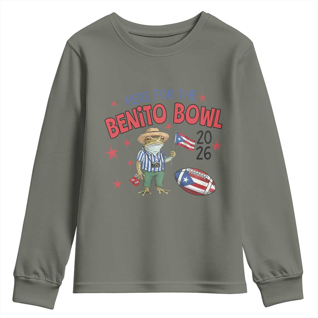 Here for the Benito Bowl 2026 Coquí Frog Youth Sweatshirt Puerto Rican Funny Football Music Fans TS02 Military Green Print Your Wear