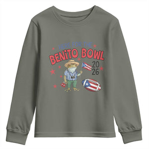 Here for the Benito Bowl 2026 Coquí Frog Youth Sweatshirt Puerto Rican Funny Football Music Fans TS02 Military Green Print Your Wear