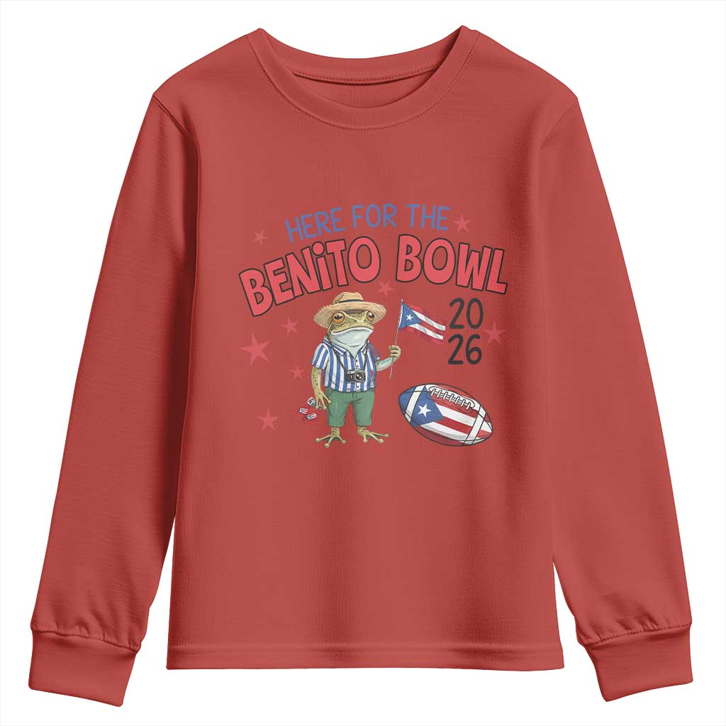 Here for the Benito Bowl 2026 Coquí Frog Youth Sweatshirt Puerto Rican Funny Football Music Fans TS02 Red Print Your Wear