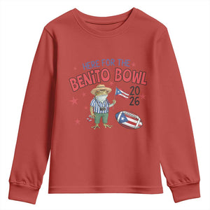 Here for the Benito Bowl 2026 Coquí Frog Youth Sweatshirt Puerto Rican Funny Football Music Fans TS02 Red Print Your Wear