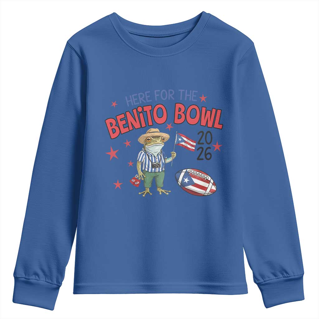 Here for the Benito Bowl 2026 Coquí Frog Youth Sweatshirt Puerto Rican Funny Football Music Fans TS02 Royal Blue Print Your Wear
