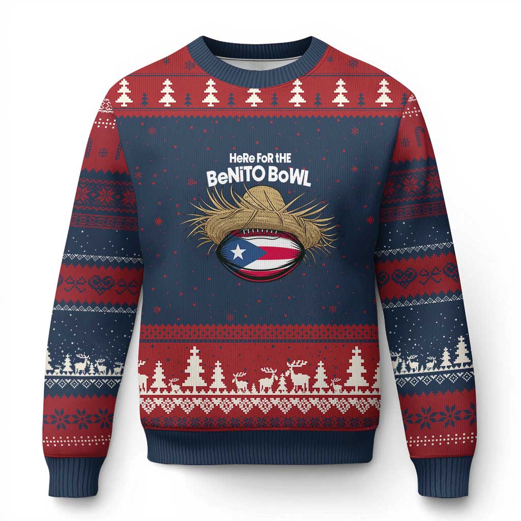 Here for the Benito Bowl Straw Hat Ugly Christmas Sweater Puerto Rico Flag Football Music Fans TS02 Navy Red Print Your Wear