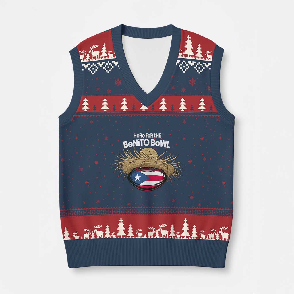 Here for the Benito Bowl Straw Hat V-Neck Knit Sweater Vest Puerto Rico Flag Football Music Fans TS02 Navy Red Print Your Wear