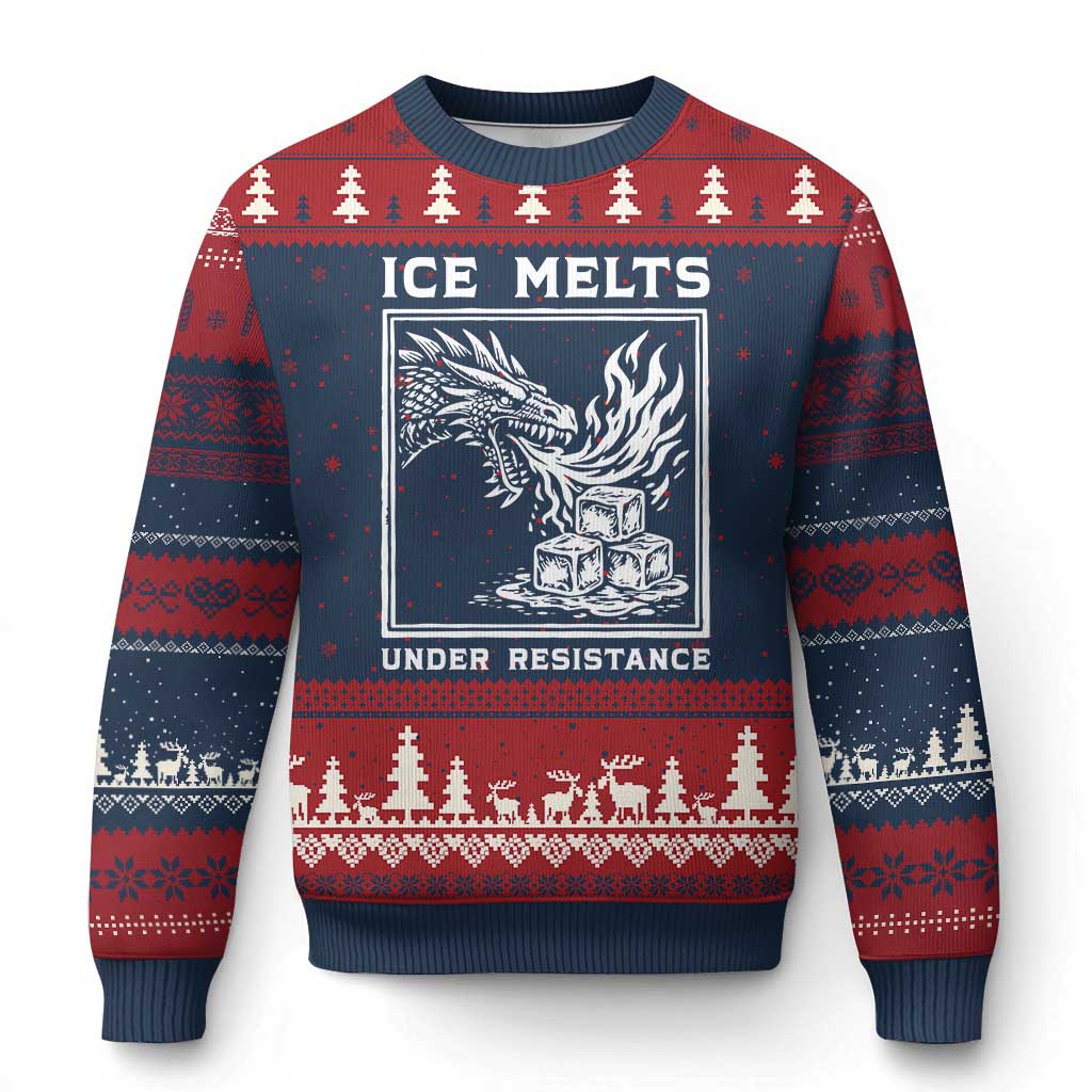 Ice Melts Under Resistance Ugly Christmas Sweater Against Ice Protest Dragon Graphic with Fire TS02 Navy Red Print Your Wear