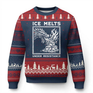 Ice Melts Under Resistance Ugly Christmas Sweater Against Ice Protest Dragon Graphic with Fire TS02 Navy Red Print Your Wear