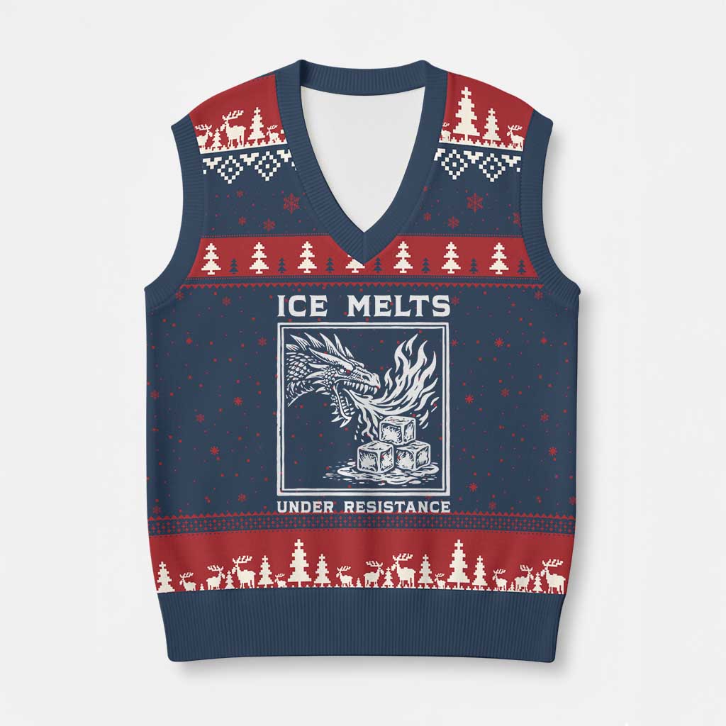 Ice Melts Under Resistance V-Neck Knit Sweater Vest Against Ice Protest Dragon Graphic with Fire TS02 Navy Red Print Your Wear