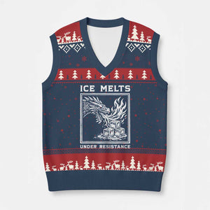 Ice Melts Under Resistance V-Neck Knit Sweater Vest Against Ice Protest Dragon Graphic with Fire TS02 Navy Red Print Your Wear