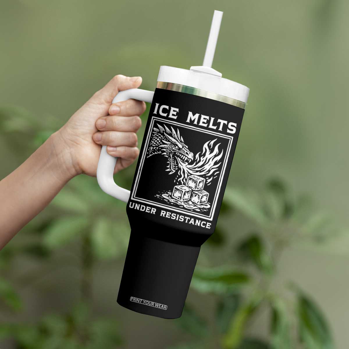 Ice Melts Under Resistance Tumbler With Handle Against Ice Protest Dragon Graphic with Fire TS02 Print Your Wear