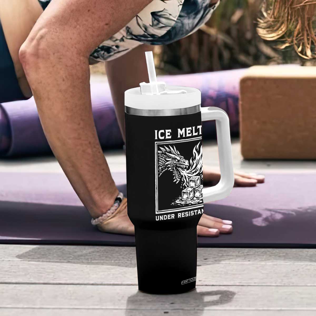 Ice Melts Under Resistance Tumbler With Handle Against Ice Protest Dragon Graphic with Fire TS02 Print Your Wear