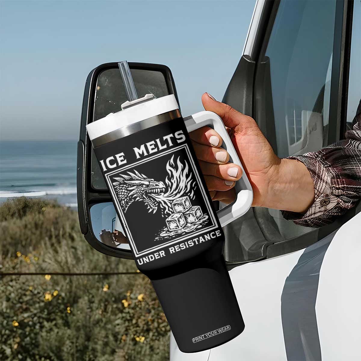 Ice Melts Under Resistance Tumbler With Handle Against Ice Protest Dragon Graphic with Fire TS02 Print Your Wear