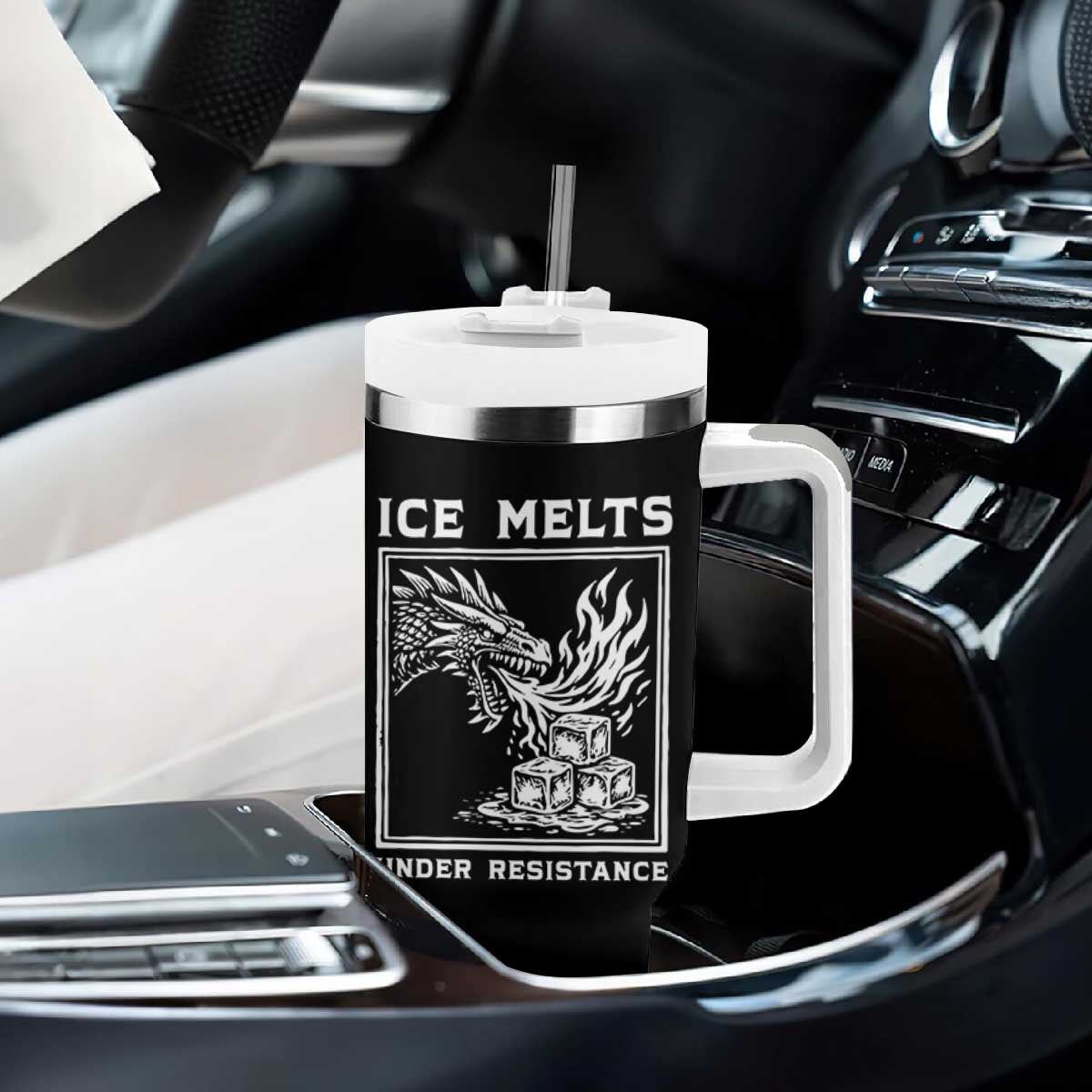 Ice Melts Under Resistance Tumbler With Handle Against Ice Protest Dragon Graphic with Fire TS02 Print Your Wear