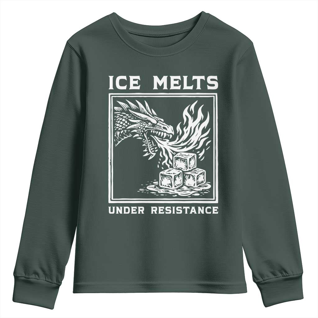 Ice Melts Under Resistance Youth Sweatshirt Against Ice Protest Dragon Graphic with Fire TS02 Dark Forest Green Print Your Wear