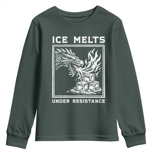 Ice Melts Under Resistance Youth Sweatshirt Against Ice Protest Dragon Graphic with Fire TS02 Dark Forest Green Print Your Wear