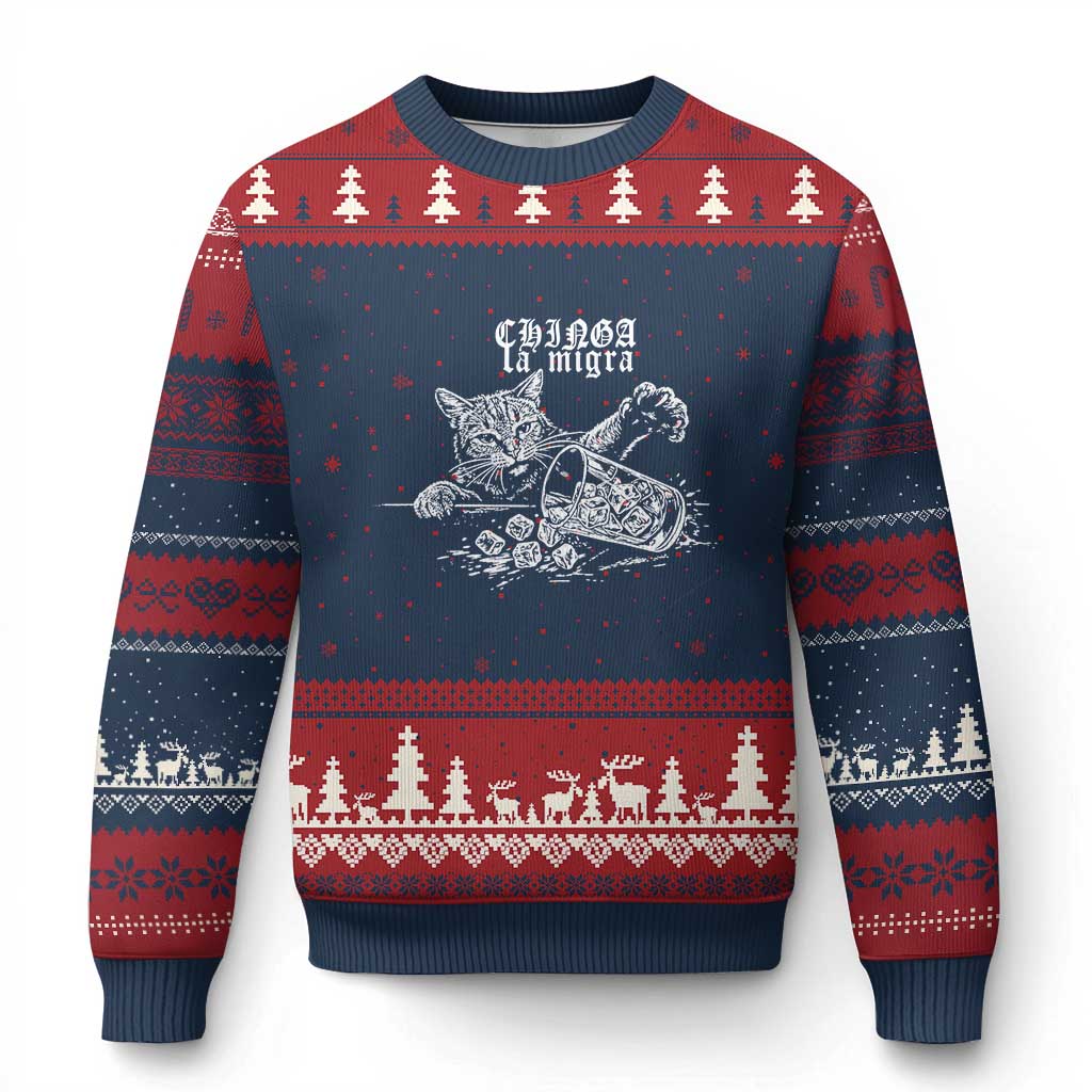 Chinga La Migra Protest Cat Ugly Christmas Sweater Spanish Resistance Against Ice TS02 Navy Red Print Your Wear