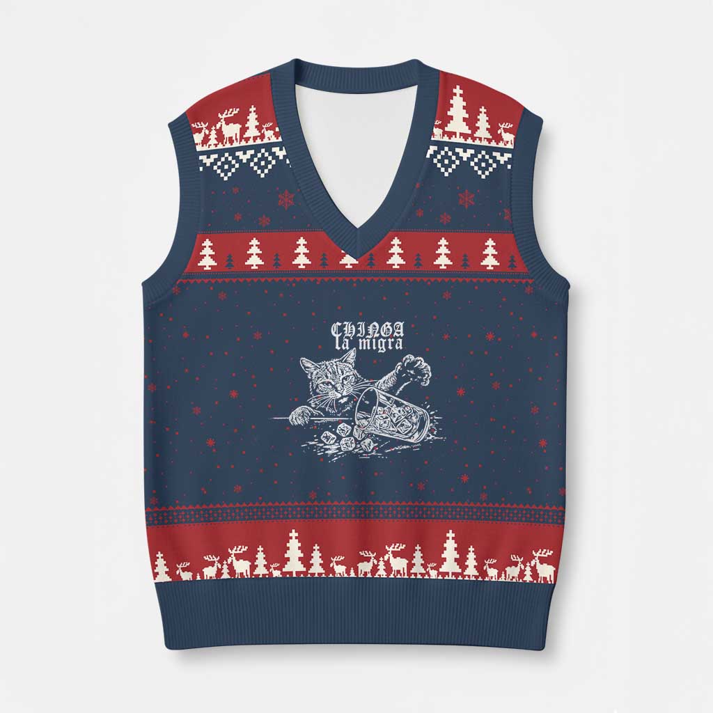 Chinga La Migra Protest Cat V-Neck Knit Sweater Vest Spanish Resistance Against Ice TS02 Navy Red Print Your Wear