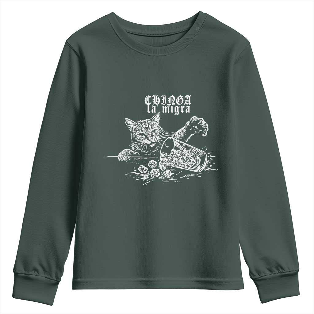 Chinga La Migra Protest Cat Youth Sweatshirt Spanish Resistance Against Ice TS02 Dark Forest Green Print Your Wear