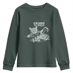 Chinga La Migra Protest Cat Youth Sweatshirt Spanish Resistance Against Ice TS02 Dark Forest Green Print Your Wear