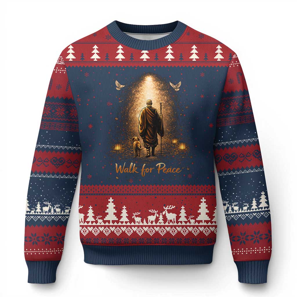 Walk for Peace Lantern Path Ugly Christmas Sweater Monk and Aloka the Dog Spiritual Journey TS02 Navy Red Print Your Wear