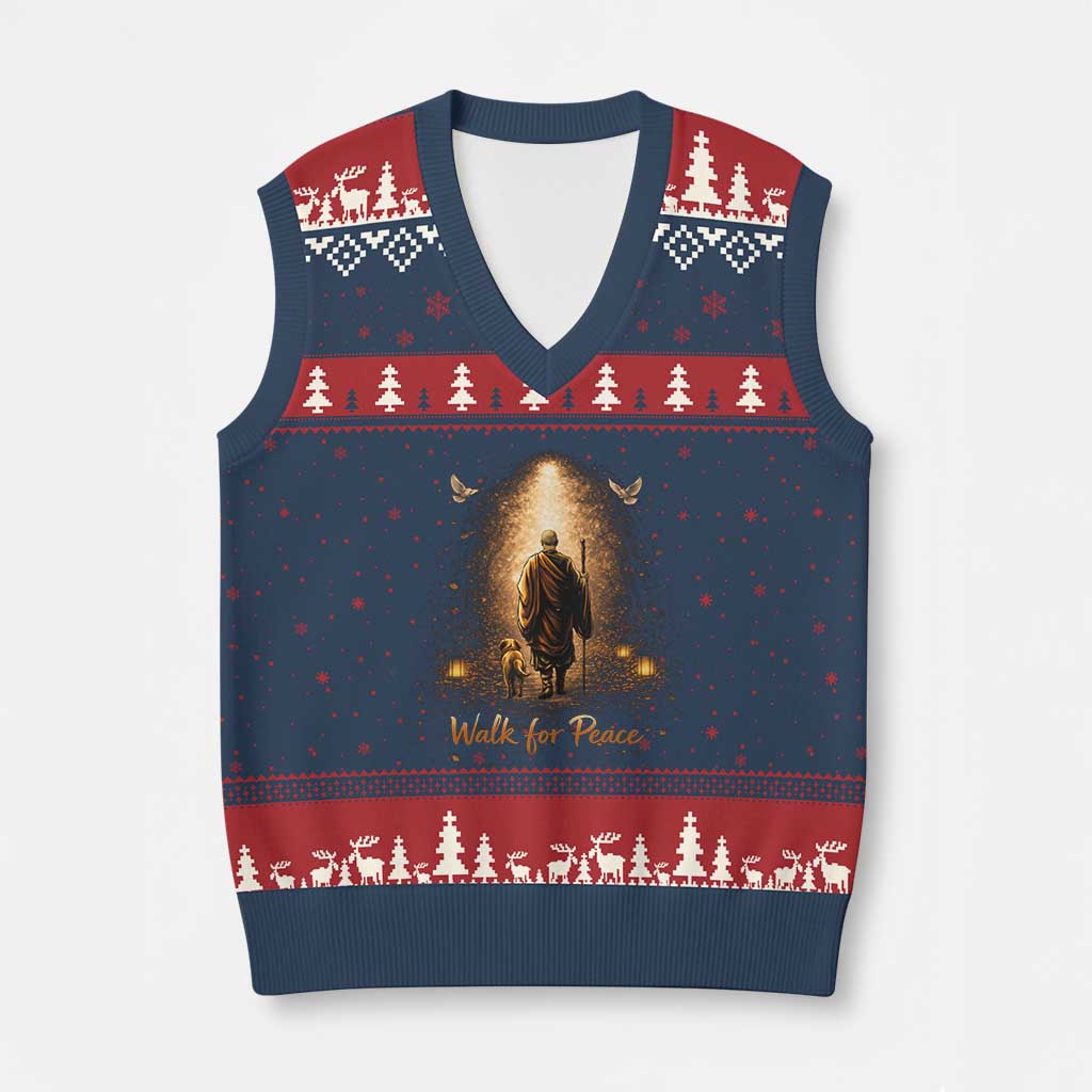 Walk for Peace Lantern Path V-Neck Knit Sweater Vest Monk and Aloka the Dog Spiritual Journey TS02 Navy Red Print Your Wear