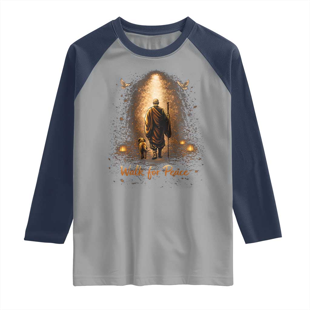 Walk for Peace Lantern Path Raglan Shirt Monk and Aloka the Dog Spiritual Journey TS02 Sport Gray Navy Print Your Wear