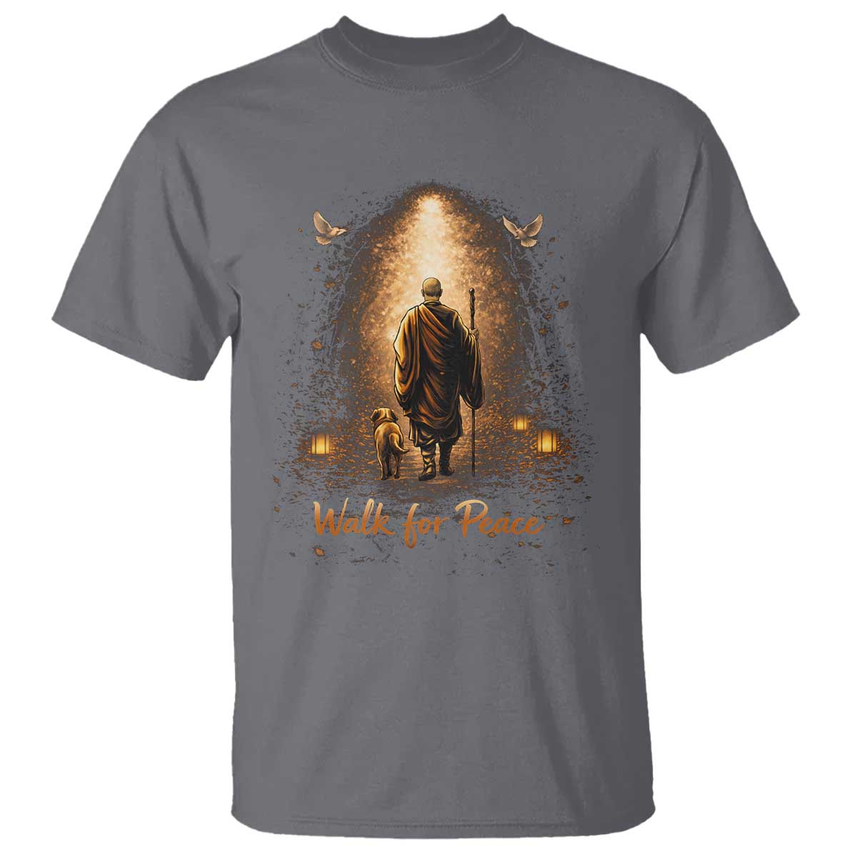 Walk for Peace Lantern Path T Shirt Monk and Aloka the Dog Spiritual Journey TS02 Charcoal Print Your Wear