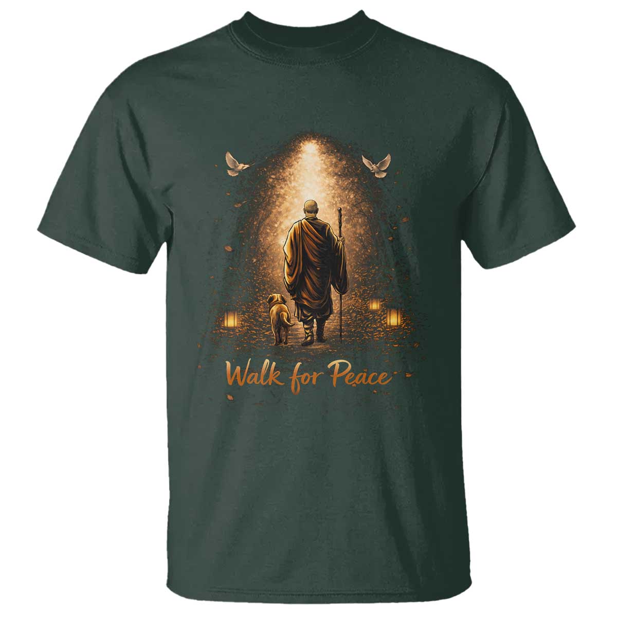 Walk for Peace Lantern Path T Shirt Monk and Aloka the Dog Spiritual Journey TS02 Dark Forest Green Print Your Wear