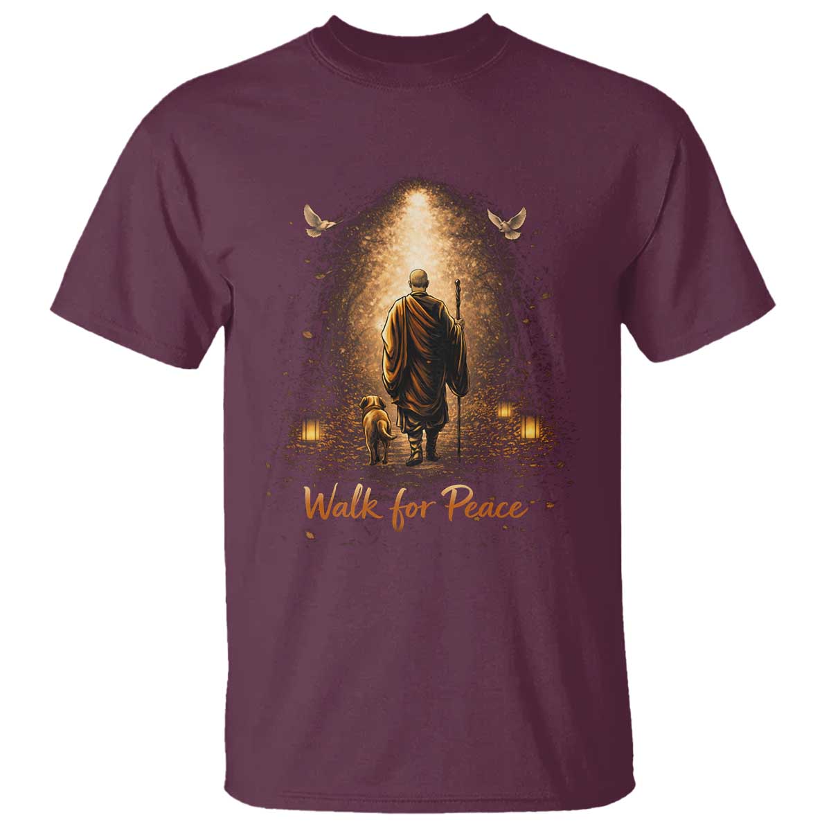 Walk for Peace Lantern Path T Shirt Monk and Aloka the Dog Spiritual Journey TS02 Maroon Print Your Wear