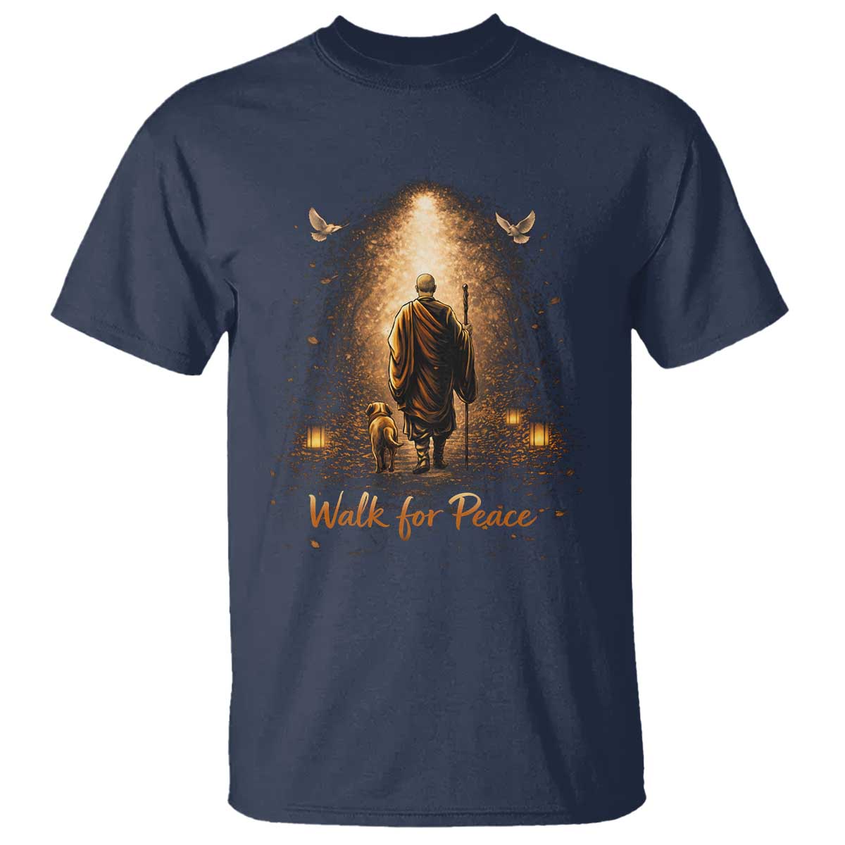 Walk for Peace Lantern Path T Shirt Monk and Aloka the Dog Spiritual Journey TS02 Navy Print Your Wear