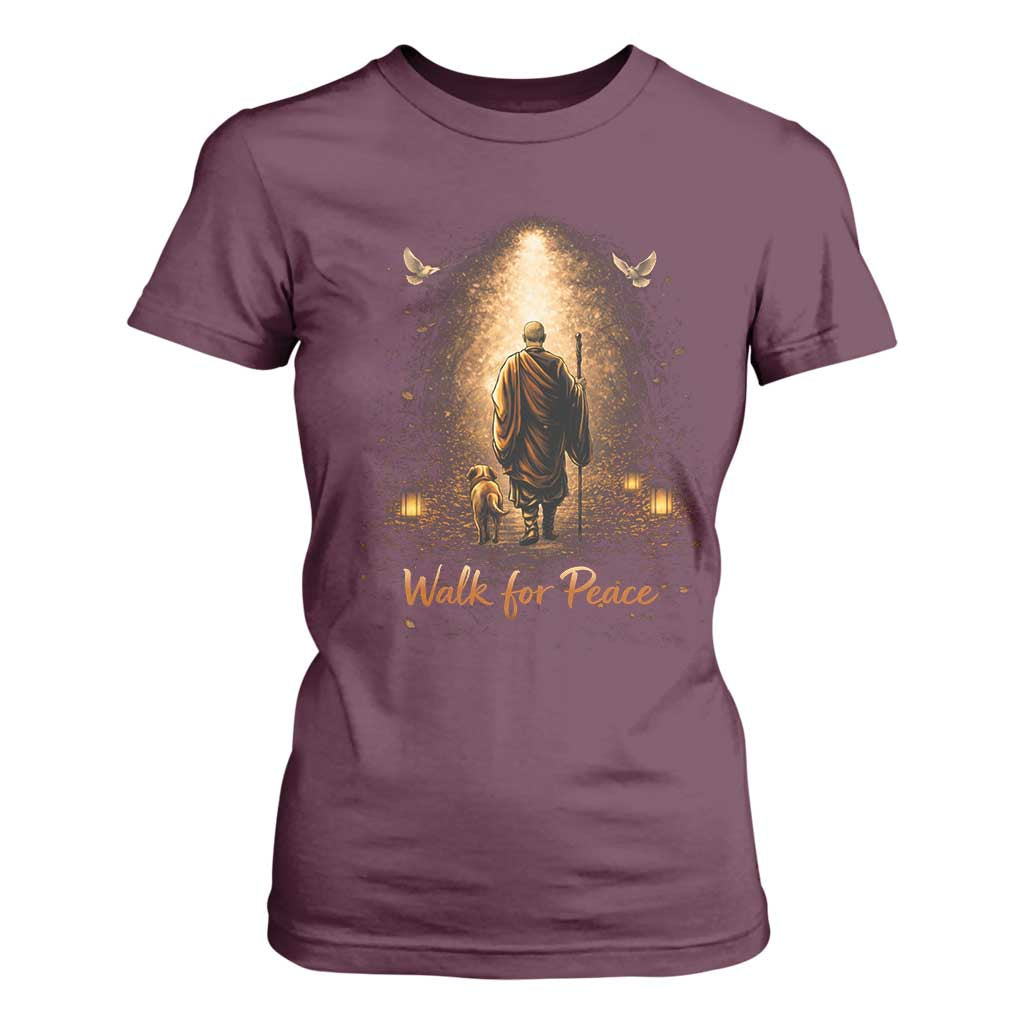 Walk for Peace Lantern Path T Shirt For Women Monk and Aloka the Dog Spiritual Journey TS02 Maroon Print Your Wear