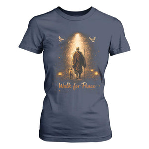 Walk for Peace Lantern Path T Shirt For Women Monk and Aloka the Dog Spiritual Journey TS02 Navy Print Your Wear
