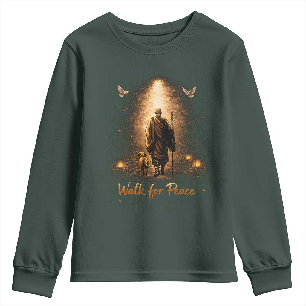 Walk for Peace Lantern Path Youth Sweatshirt Monk and Aloka the Dog Spiritual Journey TS02 Dark Forest Green Print Your Wear