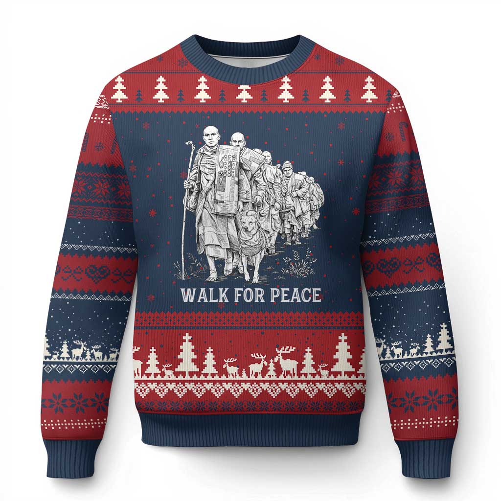 Walk for Peace Walking Monks and Aloka the Dog Ugly Christmas Sweater Buddhist Mindfulness Spiritual Religious Faith TS02 Navy Red Print Your Wear