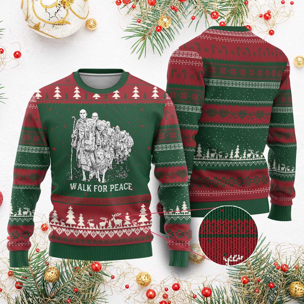 Walk for Peace Walking Monks and Aloka the Dog Ugly Christmas Sweater Buddhist Mindfulness Spiritual Religious Faith TS02 Red Green Print Your Wear